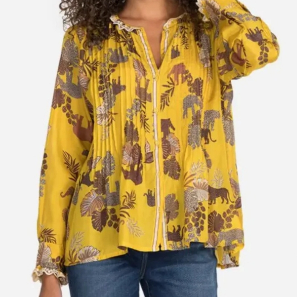 Johnny Was (Size L) Multicolored Print Taly Evette 100% Silk Lace Trim Blouse